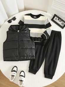 SHEIN 3件組男孩秋冬休閒加厚條紋背心、運動衫、黑色長褲套裝，外套套裝，男孩套裝，條紋套裝，秋冬套裝，滑雪套裝 - 彩色 - 查看 2