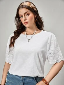 SHEIN LUNE Camiseta con bordado con ojal ribete en abanico - Blanco - Ver 6