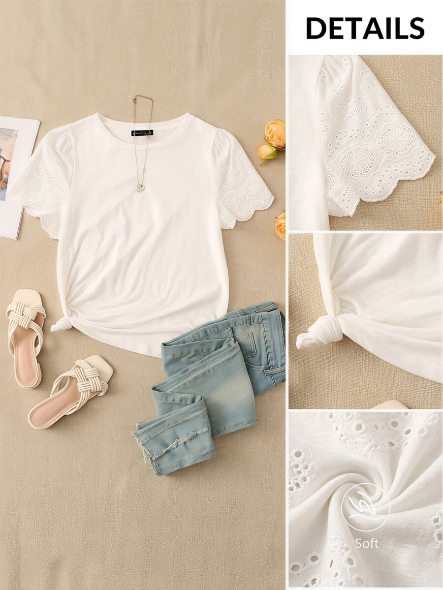 SHEIN LUNE Camiseta con bordado con ojal ribete en abanico - Blanco - Ver 1
