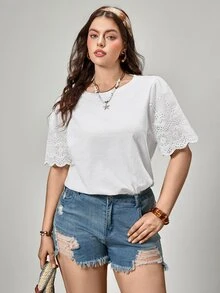 SHEIN LUNE Camiseta con bordado con ojal ribete en abanico - Blanco - Ver 3