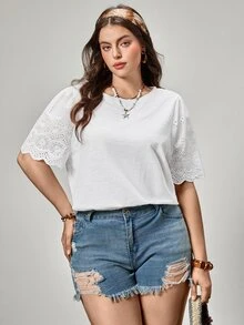 SHEIN LUNE Camiseta con bordado con ojal ribete en abanico - Blanco - Ver 5