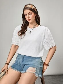 SHEIN LUNE Camiseta con bordado con ojal ribete en abanico - Blanco - Ver 7