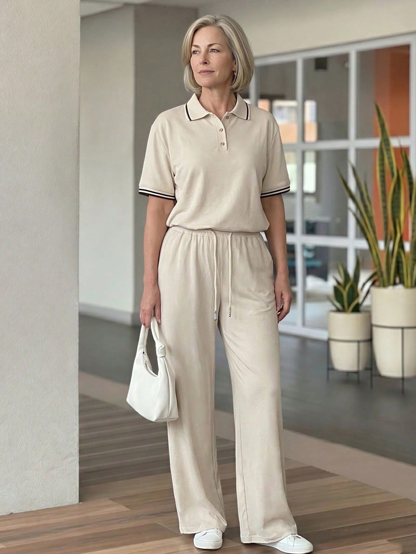 EMERY ROSE Middle-Aged Women's Contrast Trim Short Sleeve Top And Drawstring Waist Long Pants Casual Soft Form Daily Dates Set Black Autumn