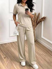 EMERY ROSE Middle-Aged Women's Contrast Trim Short Sleeve Top And Drawstring Waist Long Pants Casual Soft Form Daily Dates Set Black Autumn - Khaki - View 6