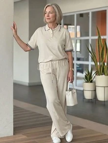 EMERY ROSE Middle-Aged Women's Contrast Trim Short Sleeve Top And Drawstring Waist Long Pants Casual Soft Form Daily Dates Set Black Autumn - Khaki - View 4