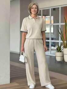 EMERY ROSE Middle-Aged Women's Contrast Trim Short Sleeve Top And Drawstring Waist Long Pants Casual Soft Form Daily Dates Set Black Autumn - Khaki - View 9