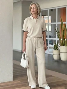 EMERY ROSE Middle-Aged Women's Contrast Trim Short Sleeve Top And Drawstring Waist Long Pants Casual Soft Form Daily Dates Set Black Autumn - Khaki - View 8