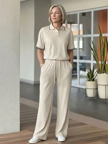 EMERY ROSE Middle-Aged Women's Contrast Trim Short Sleeve Top And Drawstring Waist Long Pants Casual Soft Form Daily Dates Set Black Autumn - Khaki - View 7