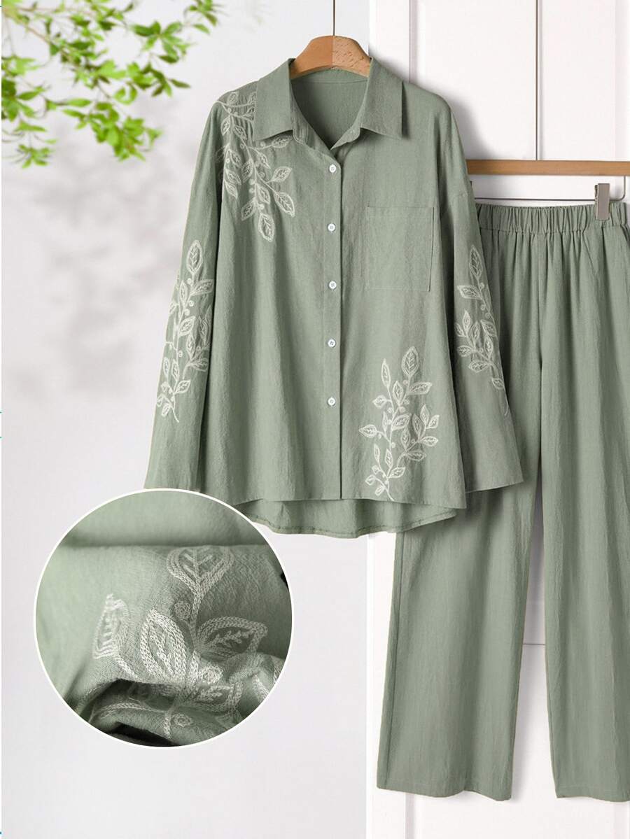 Rusticease 植物刺繡休閒鄉村風襯衫長褲套裝 女款亞麻上衣兩件套 秋季野餐旅行穿搭 鼠尾草綠