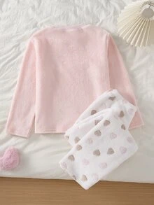 Genkimix Kids 女童睡衣套裝，大童女孩秋冬日常休閒優雅居家服，長袖長褲，蝴蝶結刺繡圖案與滿版小愛心圖案抓絨套裝 - 淺粉色 - 查看 2