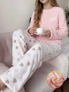 Genkimix Kids 女童睡衣套裝，大童女孩秋冬日常休閒優雅居家服，長袖長褲，蝴蝶結刺繡圖案與滿版小愛心圖案抓絨套裝 - 淺粉色 - 查看 7