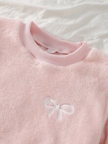 Genkimix Kids 女童睡衣套裝，大童女孩秋冬日常休閒優雅居家服，長袖長褲，蝴蝶結刺繡圖案與滿版小愛心圖案抓絨套裝 - 淺粉色 - 查看 8