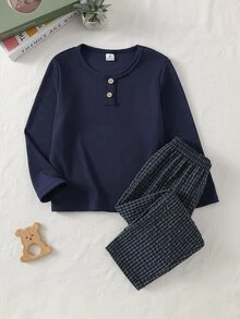SHEIN Vintaside Kids 男童 2 件組羅紋針織亨利領睡衣套裝，長袖鈕扣上衣與格紋鬆緊腰長褲，柔軟舒適日常居家服 - 藏蓝色 - 查看 7
