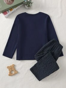 SHEIN Vintaside Kids 男童 2 件組羅紋針織亨利領睡衣套裝，長袖鈕扣上衣與格紋鬆緊腰長褲，柔軟舒適日常居家服 - 藏蓝色 - 查看 2