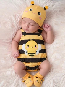SHEIN 3pcs Newborn Baby Romper Hat Set Cute Sweet Yellow Black Bee Striped Sleeveless Square Neck Regular Photo Shoot Summer First Birthday Princess Honey - Yellow - View 9