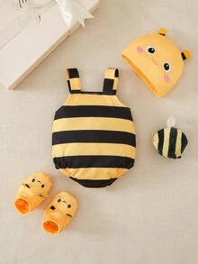 SHEIN 3pcs Newborn Baby Romper Hat Set Cute Sweet Yellow Black Bee Striped Sleeveless Square Neck Regular Photo Shoot Summer First Birthday Princess Honey - Yellow - View 2