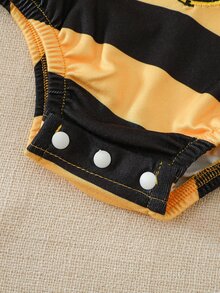 SHEIN 3pcs Newborn Baby Romper Hat Set Cute Sweet Yellow Black Bee Striped Sleeveless Square Neck Regular Photo Shoot Summer First Birthday Princess Honey - Yellow - View 5