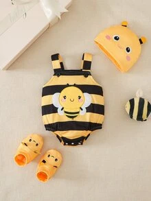 SHEIN 3pcs Newborn Baby Romper Hat Set Cute Sweet Yellow Black Bee Striped Sleeveless Square Neck Regular Photo Shoot Summer First Birthday Princess Honey - Yellow - View 8