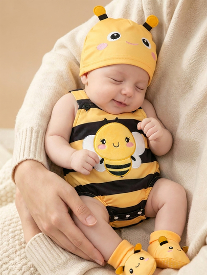 SHEIN 3pcs Newborn Baby Romper Hat Set Cute Sweet Yellow Black Bee Striped Sleeveless Square Neck Regular Photo Shoot Summer First Birthday Princess Honey