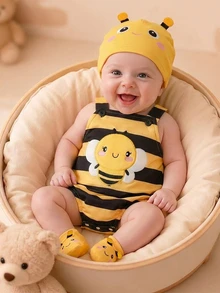 SHEIN 3pcs Newborn Baby Romper Hat Set Cute Sweet Yellow Black Bee Striped Sleeveless Square Neck Regular Photo Shoot Summer First Birthday Princess Honey - Yellow - View 10