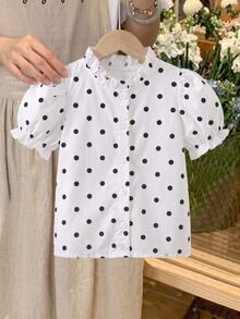 SHEIN Elladie kids 女童休閒波點短袖公主袖白色棉質上衣，新時尚度假旅行必備，適合外出、休閒與派對穿搭 - 白色 - 查看 5
