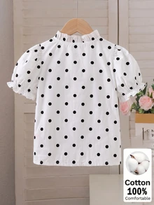 SHEIN Elladie kids 女童休閒波點短袖公主袖白色棉質上衣，新時尚度假旅行必備，適合外出、休閒與派對穿搭 - 白色 - 查看 3
