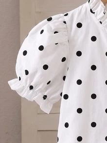 SHEIN Elladie kids 女童休閒波點短袖公主袖白色棉質上衣，新時尚度假旅行必備，適合外出、休閒與派對穿搭 - 白色 - 查看 7