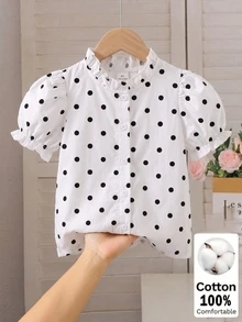 SHEIN Elladie kids 女童休閒波點短袖公主袖白色棉質上衣，新時尚度假旅行必備，適合外出、休閒與派對穿搭 - 白色 - 查看 8