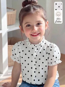 SHEIN Elladie kids 女童休閒波點短袖公主袖白色棉質上衣，新時尚度假旅行必備，適合外出、休閒與派對穿搭 - 白色 - 查看 4