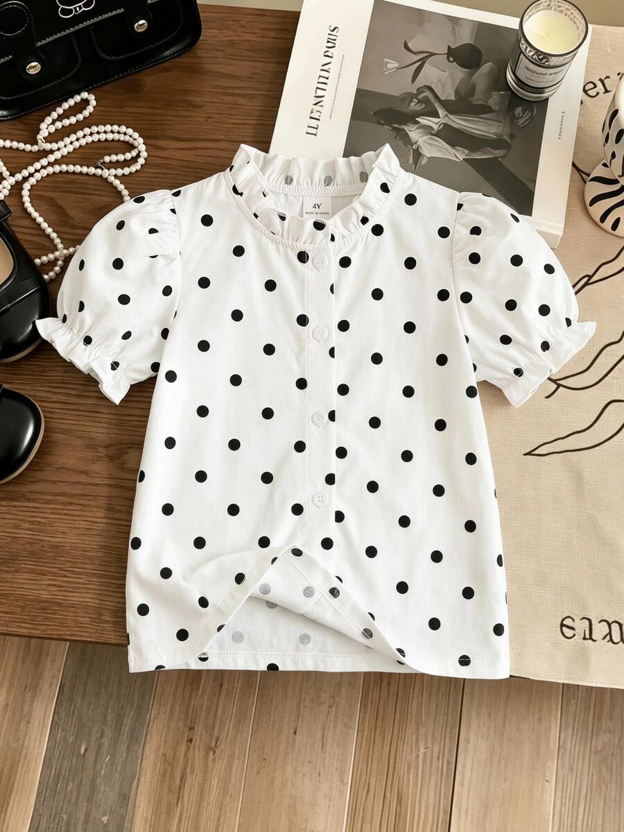 SHEIN Elladie kids 女童休閒波點短袖公主袖白色棉質上衣，新時尚度假旅行必備，適合外出、休閒與派對穿搭