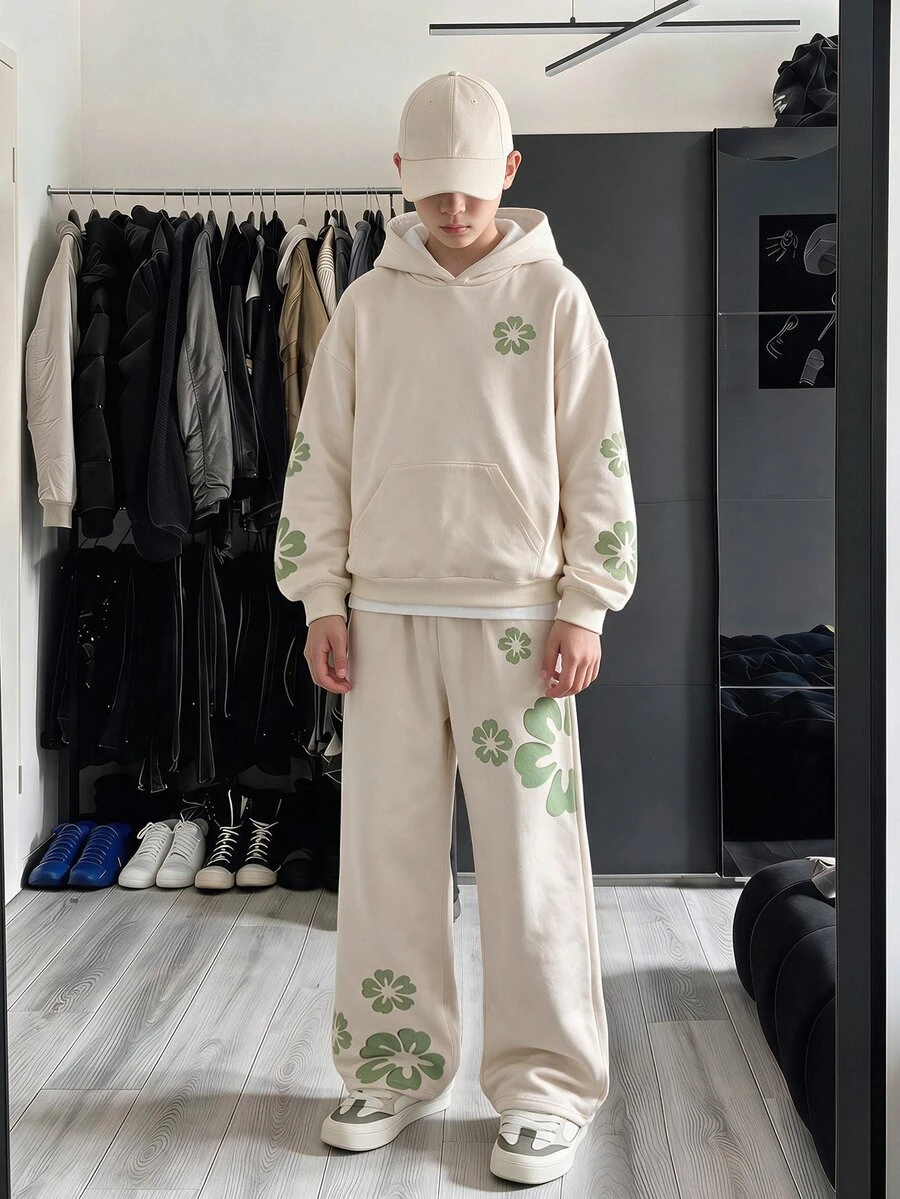 2件組青少年男孩寬鬆休閒街頭風印花連帽衛衣長袖上衣與寬腿印花長褲套裝,適合日常通勤、休閒、度假、姐妹聚會、街拍 - 杏色 - 查看 1
