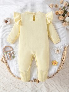 SHEIN 女嬰花卉刺繡針織連身褲，柔軟舒適連身衣，荷葉邊肩帶，長袖，可愛春季套裝，柔軟舒適 - 淡黃色 - 查看 2