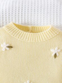 SHEIN 女嬰花卉刺繡針織連身褲，柔軟舒適連身衣，荷葉邊肩帶，長袖，可愛春季套裝，柔軟舒適 - 淡黃色 - 查看 4