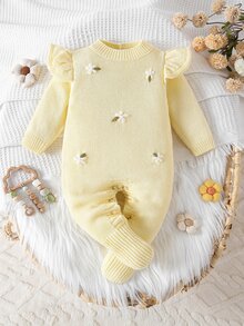 SHEIN 女嬰花卉刺繡針織連身褲，柔軟舒適連身衣，荷葉邊肩帶，長袖，可愛春季套裝，柔軟舒適 - 淡黃色 - 查看 1