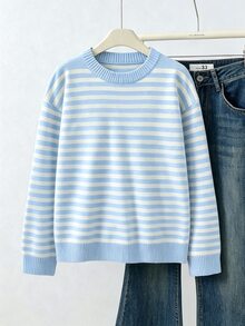 SHEIN Sparklyn Tween女孩 2025 秋冬新款毛衣，粉色條紋針織套頭衫，圓領長袖設計，柔軟寬鬆百搭優雅風格，可愛溫柔時尚毛衣上衣，易於搭配牛仔褲/裙子，適合日常穿著、外出與戶外旅行 - 淺藍色 - 查看 4