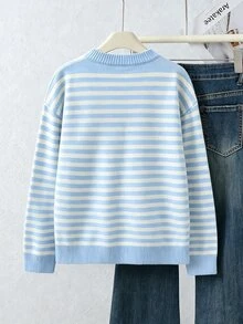 SHEIN Sparklyn Tween女孩 2025 秋冬新款毛衣，粉色條紋針織套頭衫，圓領長袖設計，柔軟寬鬆百搭優雅風格，可愛溫柔時尚毛衣上衣，易於搭配牛仔褲/裙子，適合日常穿著、外出與戶外旅行 - 淺藍色 - 查看 3
