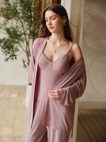 MOTF PREMIUM ELEGANT & VERSATILE LONG ROBE & CAMI TOP & & STRAIGHT LEG PANTS LOUNGE SET, SOFT SLEEPWEAR FOR WOMEN - Hot Pink - View 8
