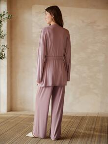MOTF PREMIUM ELEGANT & VERSATILE LONG ROBE & CAMI TOP & & STRAIGHT LEG PANTS LOUNGE SET, SOFT SLEEPWEAR FOR WOMEN - Hot Pink - View 4