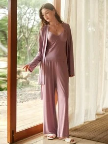 MOTF PREMIUM ELEGANT & VERSATILE LONG ROBE & CAMI TOP & & STRAIGHT LEG PANTS LOUNGE SET, SOFT SLEEPWEAR FOR WOMEN - Hot Pink - View 6