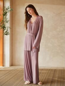 MOTF PREMIUM ELEGANT & VERSATILE LONG ROBE & CAMI TOP & & STRAIGHT LEG PANTS LOUNGE SET, SOFT SLEEPWEAR FOR WOMEN - Hot Pink - View 5
