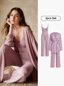 MOTF PREMIUM ELEGANT & VERSATILE LONG ROBE & CAMI TOP & & STRAIGHT LEG PANTS LOUNGE SET, SOFT SLEEPWEAR FOR WOMEN - Hot Pink - View 1
