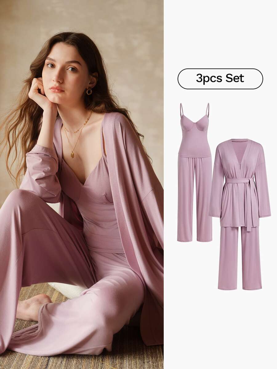 MOTF PREMIUM ELEGANT & VERSATILE LONG ROBE & CAMI TOP & & STRAIGHT LEG PANTS LOUNGE SET, SOFT SLEEPWEAR FOR WOMEN - Hot Pink - View 1