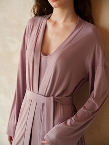 MOTF PREMIUM ELEGANT & VERSATILE LONG ROBE & CAMI TOP & & STRAIGHT LEG PANTS LOUNGE SET, SOFT SLEEPWEAR FOR WOMEN - Hot Pink - View 2