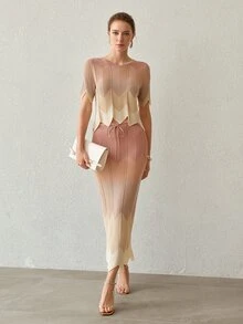 MOTF PREMIUM SUMMER FASHION CONTRAST COLOR KNIT TOP AND SKIRT 2PCS SET - Camel - View 9