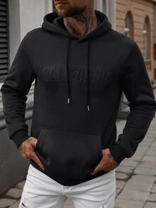 Manfinity Homme 男士字母壓紋長袖休閒口袋抽繩連帽衛衣，男士連帽衫，男士黑色連帽衫，設計師連帽衫 - 黑色 - 查看 4