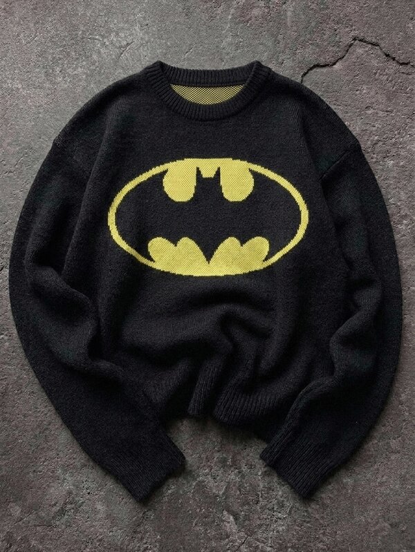 BATMAN X SHEIN Manfinity EMRG كنزة رجالية هالوين جاكار بياقة دائرية وأكمام طويلة متعددة الاستخدامات بأسلوب جوث وستريت وير Y2K للخريف والمدرسة والمواعدة المنزلية باللونين الأسود والأصفر