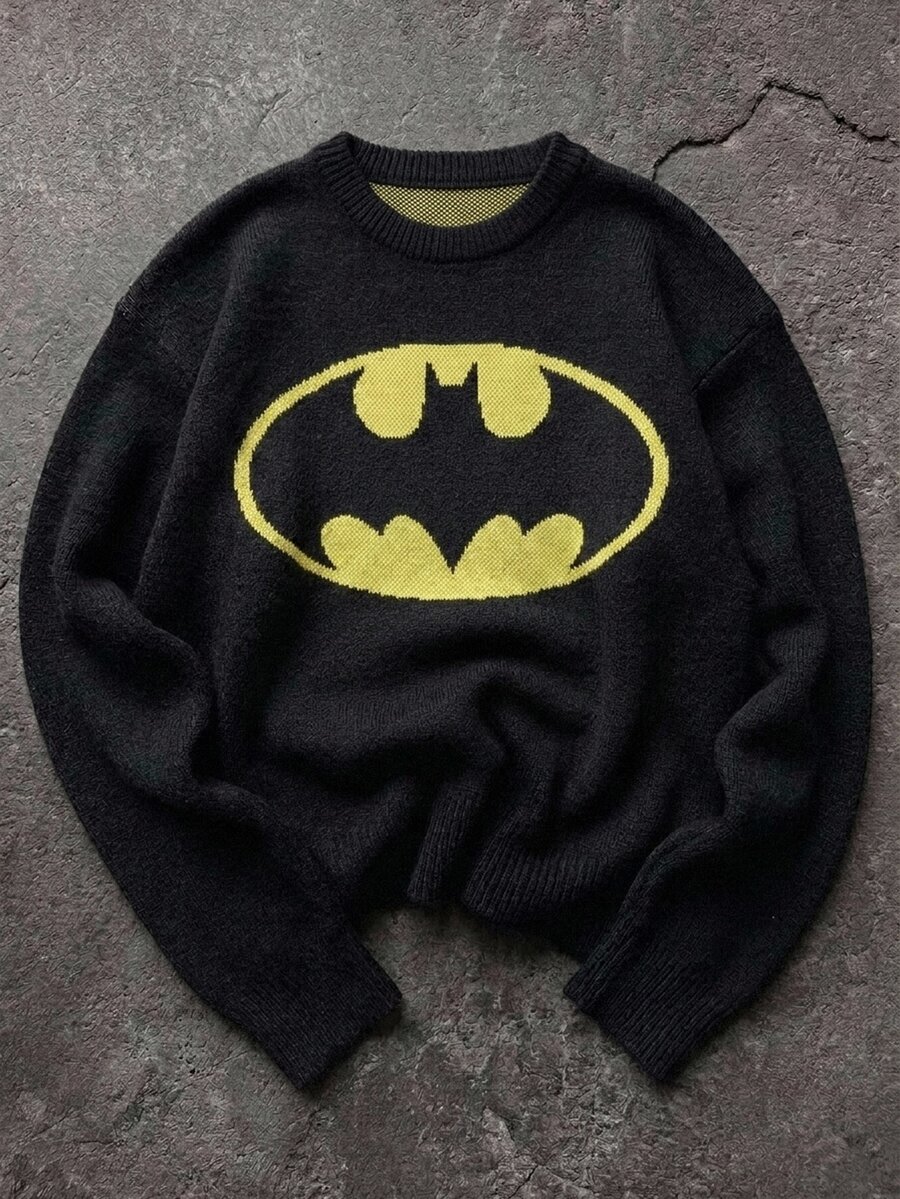 BATMAN X SHEIN Manfinity EMRG 男士萬聖節提花圓領長袖百搭毛衣,適合日常穿著、休閒度假、用餐聚會,街頭風城市 Y2K 秋冬款 - 黑色 - 查看 1