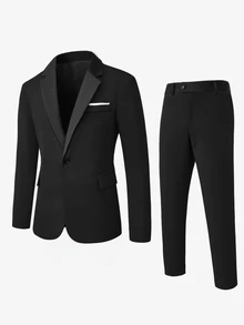 Manfinity Mode Men's Black Notch Lapel Slim Fit Business Suit Jacket And Trousers Set - Black - View 4