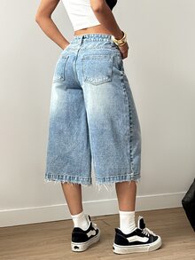 SHEIN EZwear 女士时尚磨边宽松休闲牛仔短裤 - 淺色水洗藍 - 查看 2