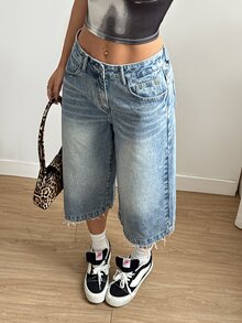 SHEIN EZwear 女士时尚磨边宽松休闲牛仔短裤 - 淺色水洗藍 - 查看 6